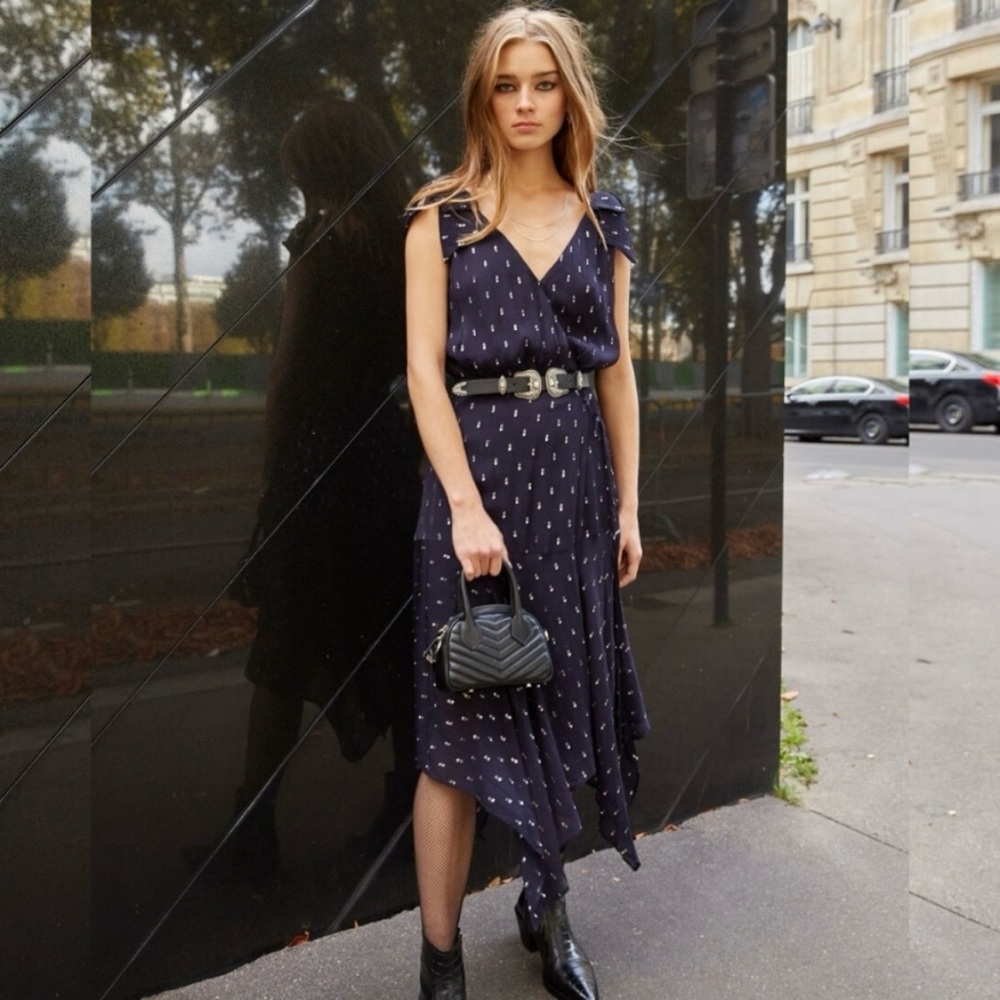 The Kooples Navy Silver Metallic Polka Dot True Wrap Midi Dress size 1 / Small